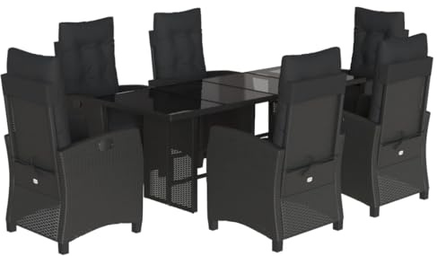 vidaXL 7-TLG. Garten-Essgruppe mit Kissen Schwarz Poly Rattan