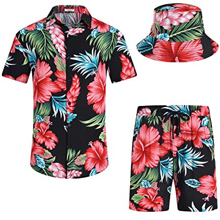 SPKPKEY Men's Hawaiian Shirt and Shorts Set 2 Piece Casual Button Down Floral Shirts Beach Outfits with Bucket Hats Red Flower Small