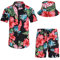 SPKPKEY Men's Hawaiian Shirt and Shorts Set 2 Piece Casual Button Down Floral Shirts Beach Outfits with Bucket Hats Red Flower Small