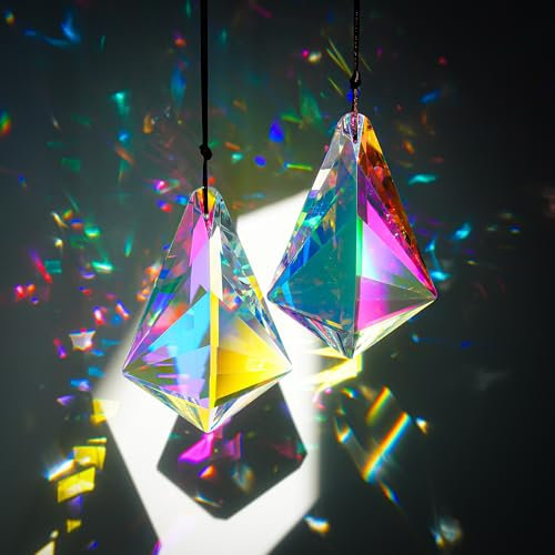 H&D HYALINE & DORA 3.5 Sun Catchers Crystal Prisms, Window Hanging Crystals Suncatchers, 2pcs Colored Crystal Horns Prisms,Glass Pendant Sun Catchers for Chandeliers, Garden, Christmas Tree Decor
