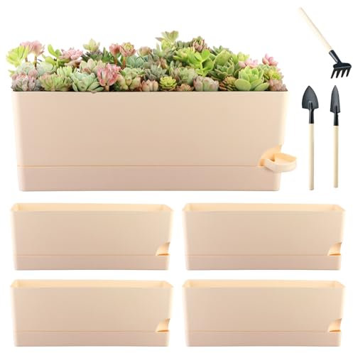 4 Pack Self Watering Pots for Indoor Plants 17 Inches Window Boxes Planters Rectangular Flower Pots Rectangle Herb Pots Large Plant Pots with Drainage Holes and Saucers Windowsill Planter, Beige
