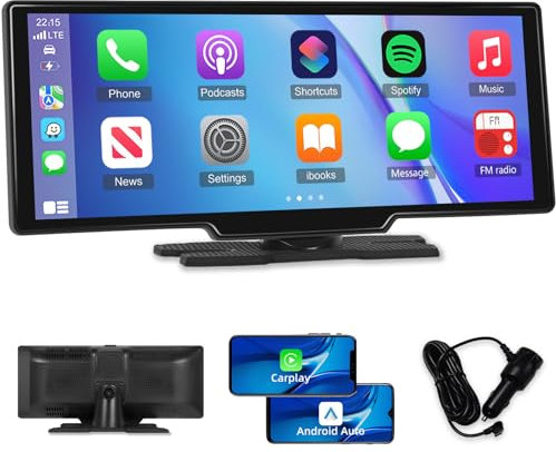 Portátil Inalámbrico Carplay y Andriod Auto Pantalla Coche, Pantalla Táctil IPS de 10.26 Pulgadas Pantalla para Coche con Reproductor Multimedia Mirror Link Bluetooth AUX TF FM Control de Voz