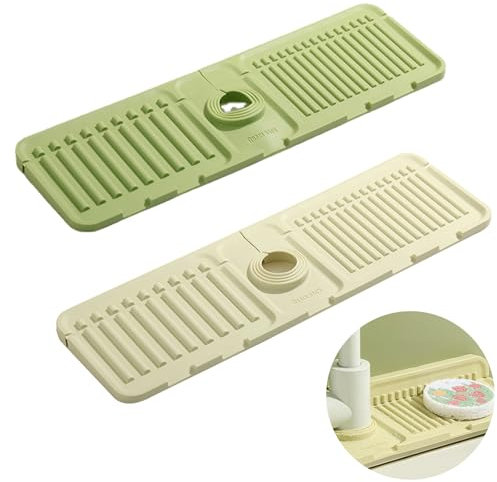 Silikon Wasserhahn Matte, Wasserhahn Spüle Spritzschutz, Wasserfänger Matte für Küche, Abtropfmatte aus Silikon, Silicone Faucet Drip Catcher Tray, für Küchen, Wohnmobil, 2 Stücke, Beige+Grün