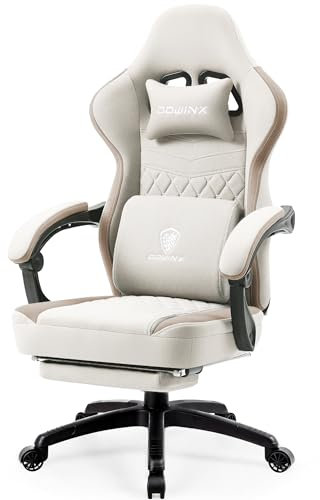 Dowinx Gaming Chair Fabric with Pocket Spring Cushion, Massage Gaming Chair with Footrest, Ergonomic PC Chair, Gamer Chair, Office Chair, 150 kg Load Capacity, Khaki