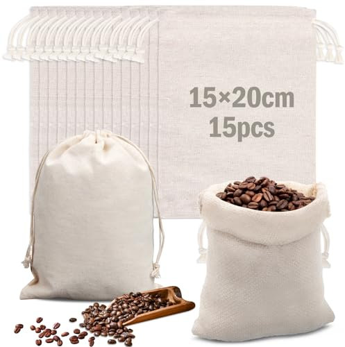 Baumwollsäckchen 20x15cm,15 Stück Baumwollbeutel mit Kordelzug Stoffbeutel Klein Leinensäckchen Jutesäckchen,Säckchen zum Befüllen, Stoffsäckchen, Baumwolltasche Klein Leinensack