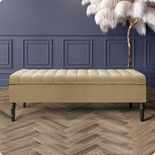 Safar Velvet Ottoman Storage Bench with Legs, Upholstered End of Bed Storage Bench, Large Ottoman Storage Box with Hinged Lid, Entryway Shoe Bench, Padded Storage Ottoman Seat for Living Room