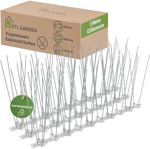 TTL GARDEN 3m Taubenabwehr Spikes Edelstahl - vormontiert rostfrei wetterfest UV-beständig 3 Meter Vogelabwehr Taubenschutz Spikes zur Taubenabwehr Taubenspike für Balkon Balken Dach & Fenster