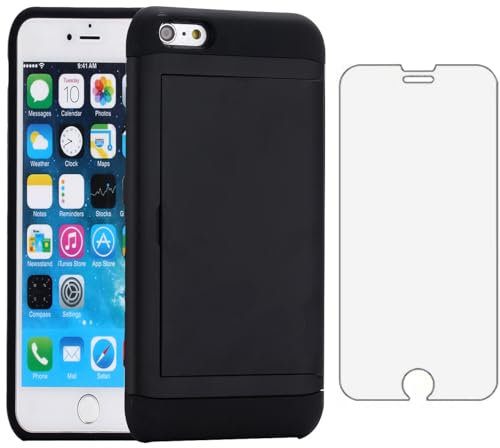 Asuwish Phone Case for iPhone 6plus 6splus 6/6s Plus with Tempered Glass Screen Protector Cover and Accessories Card Holder Slot iPhone6 6+ iPhone6s 6s+ i 6P 6a S Six iPhone6splus Women Men Black