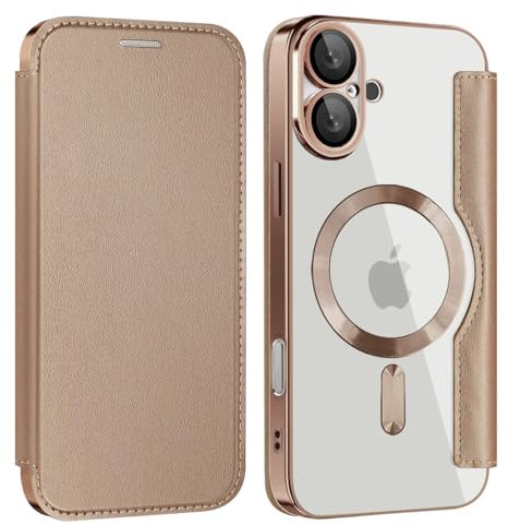Unichthy Flip Case for iPhone 16 Clear Cover Support MagSafe |RFID Blocking| Wallet Purse Shockproof Leather Stand Cover Individual Protection for Each Lens Phone Skin for iPhone 16 Desert Gold