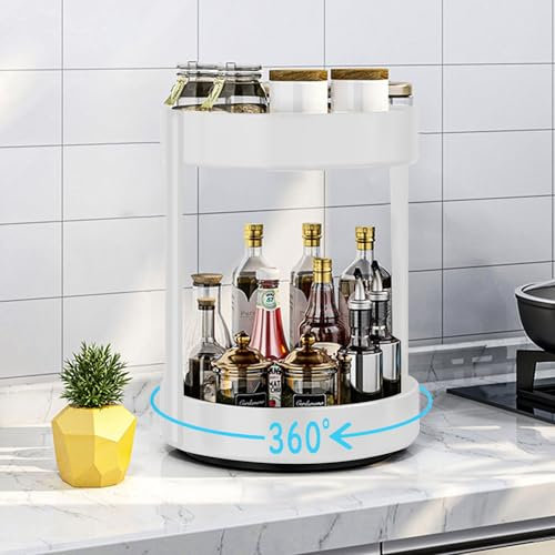 devesanter Drehteller,Gewürzregal Drehbar 2 Etagen, Drehteller Organizer 360 Rotatable für Küche Speisekammer Schrank Schrank Tisch Arbeitsplatte Stahl Metall, （30cm Weiß）
