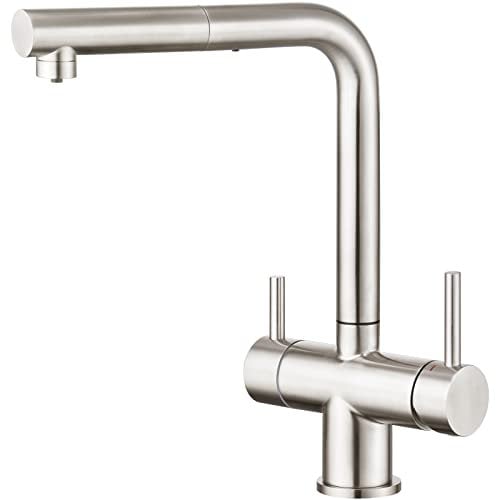CREA 3 Wege Wasserhahn Küche mit Brause, 360° Drehbar Küchenarmatur, Drei Wege Mischbatterie für Wasserfilter, Trinkwasserhahn mit 2 Hebel, 3 in 1 Spültischarmatur,Rostfreier Edelstahl