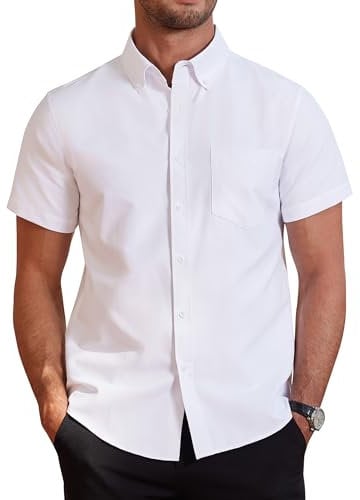 J.VER Mens White Short Sleeve Shirts Cotton Smart Casual Regular Fit Shirt Office Work Non Iron Button Down Oxford Summer Dress Shirt 4XL