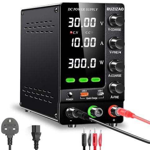RUZIZAO 30V 10A Adjustable DC Power Supply with OCP/OVP, Output Switch and Encoder Knob, Lab Variable Bench with USB-A/Type-C 18W Quick Charge Port