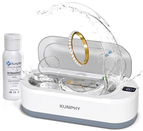 Upgraded KUNPHY Ultrasonic Jewelry Cleaner with 50ml Solution, 48KHZ, 12OZ Capacity, Ultrasonic Cleaner with 3 Digital Timer, Touch Control, Idea for Jewelry, Eyeglass, Rings, Diamond