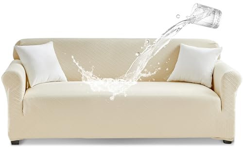 Tokokimo Stretch Wasserdicht Sofabezug 3 Sitzer Spandex Jacquard Elastische Couchbezug mit Anti-Rutsch-Schaumstoffe für Hunde & Haustier, Universeller Sofaschoner Waschbar Sofahusse, Beige