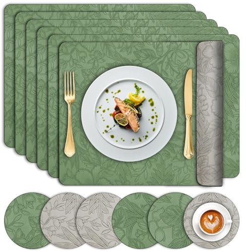 Placemats and Coaster Sets 6, Dual-Sided Leather Floral Table Mats 30x43 cm, Heat Resistant Non-Slip Wipeable, Washable Two-Color Kitchen Place Mats for Home Dining Table Restaurant Hotel (Green Grey)