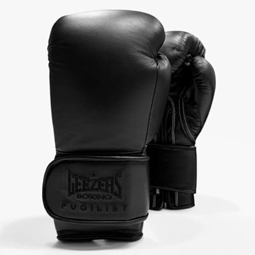 Geezers Pugilist Leather Boxing Gloves - Hook & Loop (Black, 14oz)