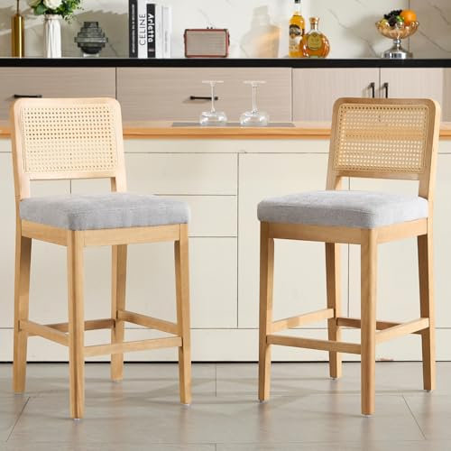 chairus Lot de 2 Tabourets de Bar avec Dossier en Rotin Tabourets de Comptoir en Chenille sans Accoudoirs Chaise Haute de Bar avec Repose-Pieds en Bois Massif pour Cuisine, Ilot Central, Gris-2