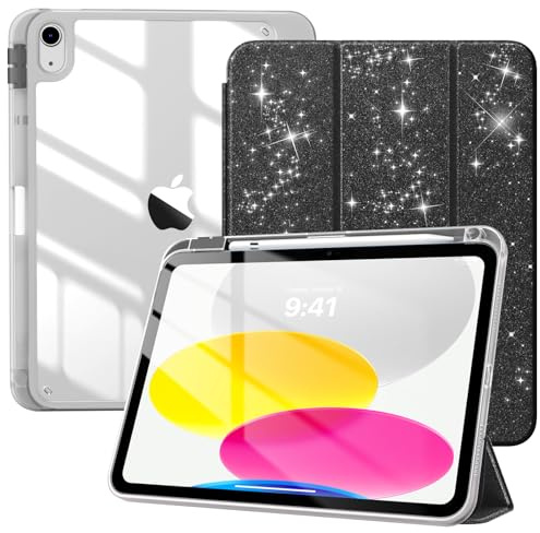 TiMOVO Cover per iPad A16 11 Generazione 11 Pollici 2025, iPad 10 Generazione 2022 10,9 Pollici con Portapenne, Custodia Sottile con trasparente, Funzione di Auto Sveglia/Sonno, Glitter Nero