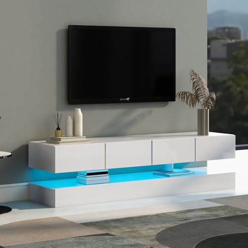 Meuble TV Suspendu 130cm, Banc TV Haute Brillance avec Lumières LED, 4 Tiroirs et Compartiment Ouvert pour Télévisions Jusqu'à 55 Pouces, Meuble Télé Flottant pour Salon, Chambre, Blanc, 130x33x15cm