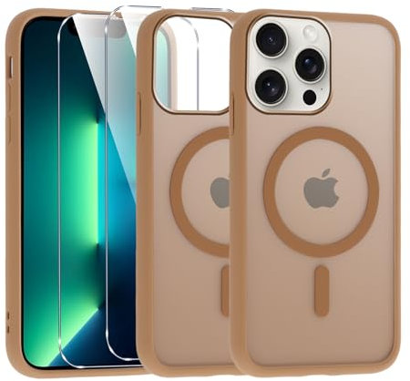 Knrlqim Magnetica Cover per iPhone 13 Pro Max [Compatibile con MagSafe],Custodia con 2 Pellicola Vetro Traslucido opaco Protettiva,Silicone TPU Antiurto Case per Apple iPhone 13 Pro Max 6.7,Marrone