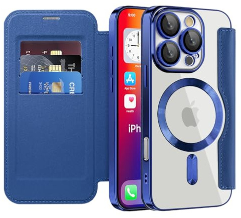IMEIKONST Flip Wallet Case for iPhone 16 Pro Cover, Dark Blue JDCX | RFID Blocking Card Holder, Camera Lens Protection, Magnetic Transparent TPU Back, Compatible with MagSafe, PU Leather