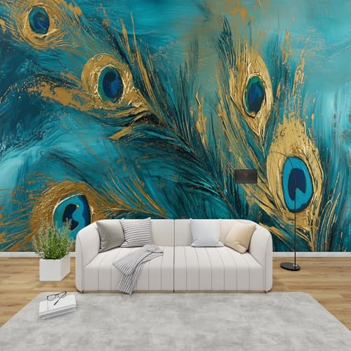 MMYAOKEN Papier Peint Panoramique Plume de Paon 450x315 cm - Décoration Murale Bleu Paon - Tapisserie Murales Papier Peint Intissé pour Chambre Salon - Poster Tableaux Photo Muraux