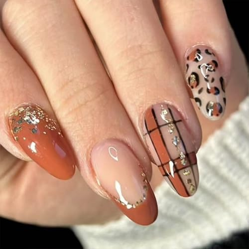 Nymora Autumn Press On Nails with Maple Leaf Glitters - 24 Pieces Orange Leopard Almond Nails, Jelly Gel Wearable Kit for Fall/Winter and Halloween, Women Girls.