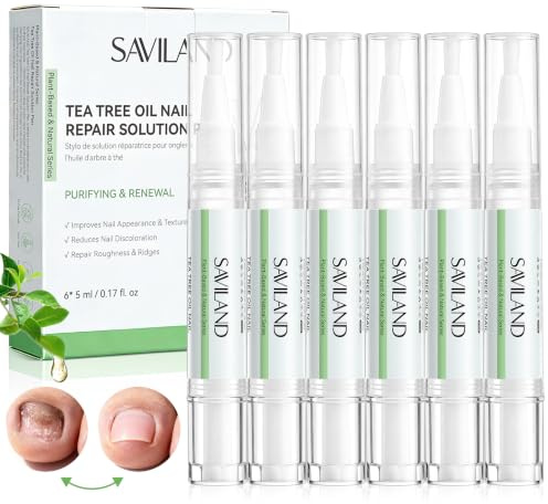 SAVILAND 6Pcs Cuticle Oil Pen, Tea Tree Natural Nail Repair & Cuticle Treatment with Oregano Oil, Softener for Dry, Peeling, Brittle, Damaged Nails, Travel-Size Strengthener & Growth