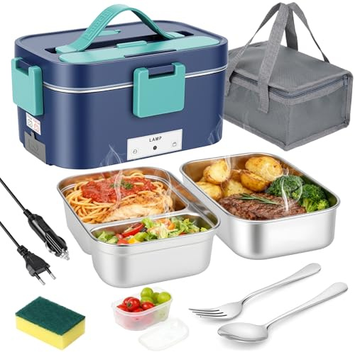 Snorthy 3-in-1 Schnellheizende Lunchboxen, 1,8 l große beheizbare Lunchbox 100 W elektrische 12 V/24 V/220 V Lunchbox, beheizbare Lunchboxen aus Edelstahl für Auto, LKW und Büro