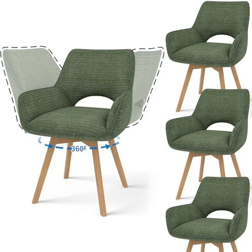 JIJIAN Juego de 4 Sillas de Comedor Giratorias 360°, Verde | Silla de Cocina con Reposabrazos, Patas de Madera, Silla Tapizada Moderna de Terciopelo de Canalé para Cocina, Comedor, Salón