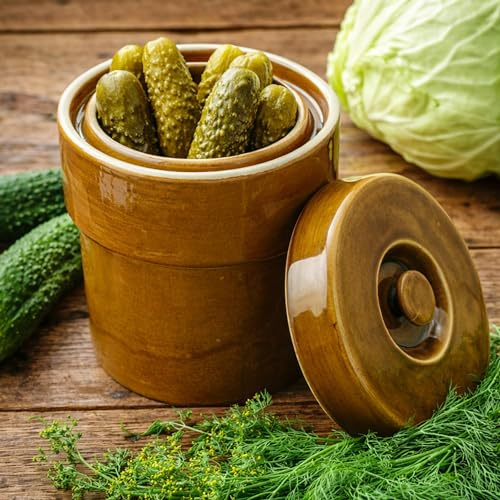 MIKONI Gärtopf Braun Steinzeugtopf mit Hermetikdeckel Sauerkrauttopf Gurkentopf Einmachtopf Keramikfass mit Wasserrinne Steingut Steinzeuggefäß 5L