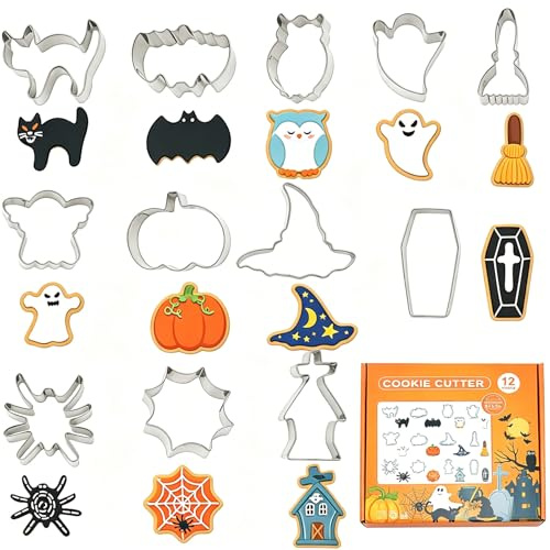 Consnew 12 Stück Halloween Kekse Ausstecher Set aus Edelstahl für Gruselige Kekse, Spukige Plätzchenformen für DIY Backen, Trick-or-Treat, Fondant, Familiengeburtstage, Deko