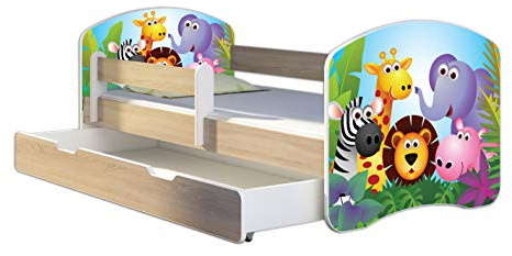 ACMA Kinderbett 140x70 Jugendbett mit Einer Schublade und Matratze, Farbe Sonoma mit Rausfallschutz Lattenrost II Spielbett Kinderzimmer Möbel, 01 Zoo