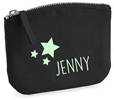 minimutz Schminktasche für Mädchen | personalisiert mit Namensdruck & Sterne | kleine Kosmetiktasche für Kinder inkl. Name | Make-up Täschchen mit Reißverschluss | Abmessungen: S (14 x 11 cm) schwarz