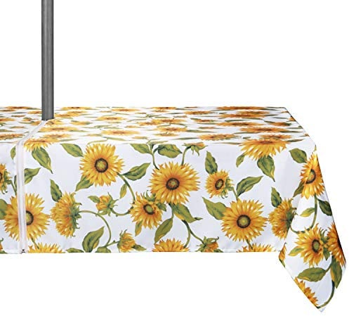 ColorBird Tischdecke mit Sonnenblumen-Motiv, wasserabweisend, auslaufsicher, Polyestergewebe, Tischabdeckung mit Reißverschluss, Regenschirmloch für Frühling, 152.4 x 213.3 cm, mit Reißverschluss