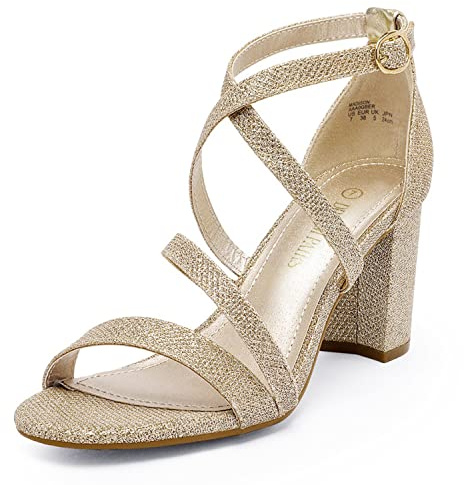 DREAM PAIRS Women's Ankle Strap Dress Heel Sandals | Elastic stretch strap, high heel, TPR rubber sole, latex-padded insole, chunky wide-fit block heel design