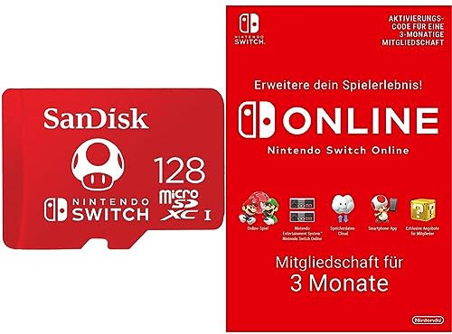 SanDisk microSDXC UHS-I Speicherkarte für Nintendo Switch 128 GB (V30, U3, C10, A1, 100 MB/s) + Nintendo Switch Online Mitgliedschaft - 3 Monate | Switch Download Code