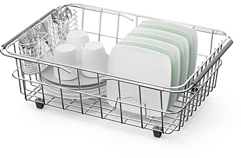 JAQ Escurridor ajustable de 14.96 a 20.5 pulgadas, estantes organizadores de metal expandible 304 con soporte para utensilios de acero inoxidable sobre el mostrador del fregadero, estante de secado de