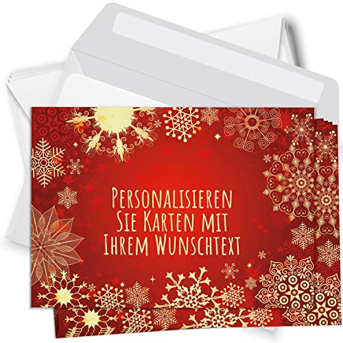 8 Weihnachtskarten - mit Ihrem Text PERSONALISIERT - Rot mit Schneeflocken - mit Umschlägen, Grußkarte Postkarte Weihnachten weihnachtlich
