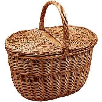 Cestino da picnic in vimini per la spesa, per frutta, verdura o funghi, con doppio coperchio, cesto portaoggetti, tessuto a mano, 41 x 30 cm, altezza 25/40 cm