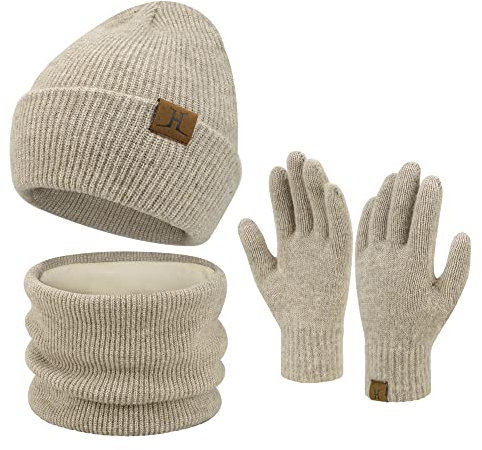 ZASFOU Damen Winter Beanie Mütze Schal Touchscreen Handschuhe Set Warme Wintermütze Loop Schal Schlauchschal Winterhandschuhe Weihnachten Geschenk für Frauen,Helles Khaki
