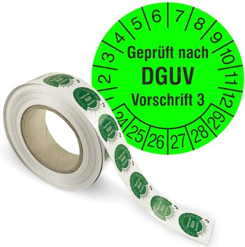 Prüfplakette „Geprüft nach DGUV Vorschrift“ - 2024-2029 - Papier, selbstklebend Ø 3,0 cm - leuchtgrün/schwarz - Rolle mit 1000 Stück - Mehrjahresprüfplakette - Betriebsausstattung24®