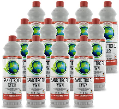 Lorito Sanicitro Sanitärreiniger, 12x 1 Liter Konzentrat, EU-Ecolabel, Badreiniger gegen Kalk, Urinstein und Schmutz, Kalkreiniger mit Zitronensäure