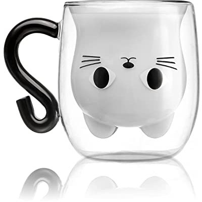 Foxcool Tazza da caffè con manico a forma di gatto, tazza da tè in vetro a doppia parete, regalo di compleanno per donne, moglie, amica, Halloween, Natale, San Valentino, festa della mamma, Pasqua,