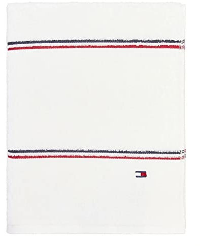 Tommy Hilfiger Modernes amerikanisches Badetuch, Doppelstreifen, 574 g/m², Dobby, 76,2 x 142,2 cm, 100% Baumwolle, 1 Stück, Weiß