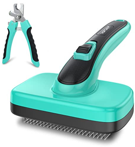 Dog Cat Self-Cleaning Slicker Brush + Nail Clippers Set for Shedding Grooming Long Short Hair. Safe Painless Bristles Removes Loose Fur, Undercoat, Mats, Tangled For Most Hair Types & Size Pet