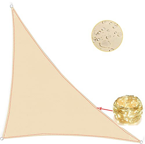SCDD Dreieckiges Sonnensegel, LED-Lichterkette, Markisen, wasserdicht, atmungsaktiv, 95% UV-Block, Sonnenschutz für Pavillon im Freien, Garten, Hinterhof, Rasen, Beige,3 * 4 * 5m