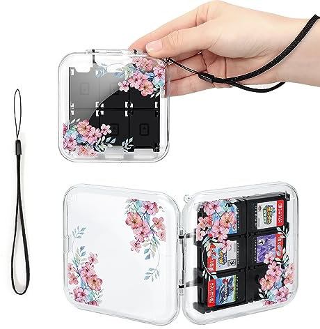 DLseego Game Card Aufbewahrungsbox für Switch Game Card,Transparente Switch Spiel Aufbewahrungsbox mit 12 Spielefächern und 2 SD-Kartenfächern,Mit Handschlaufe,Rosa Blume