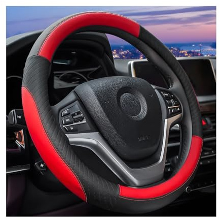 JNNJ Lenkradbezug Auto, Atmungsaktive Universal-Lenkradabdeckung, Sport Anti Rutsch Universal 38cm Lenkradbezug, Lenkrad Abdeckung Echtes Leder Anti Slip(Schwarz/Rot)